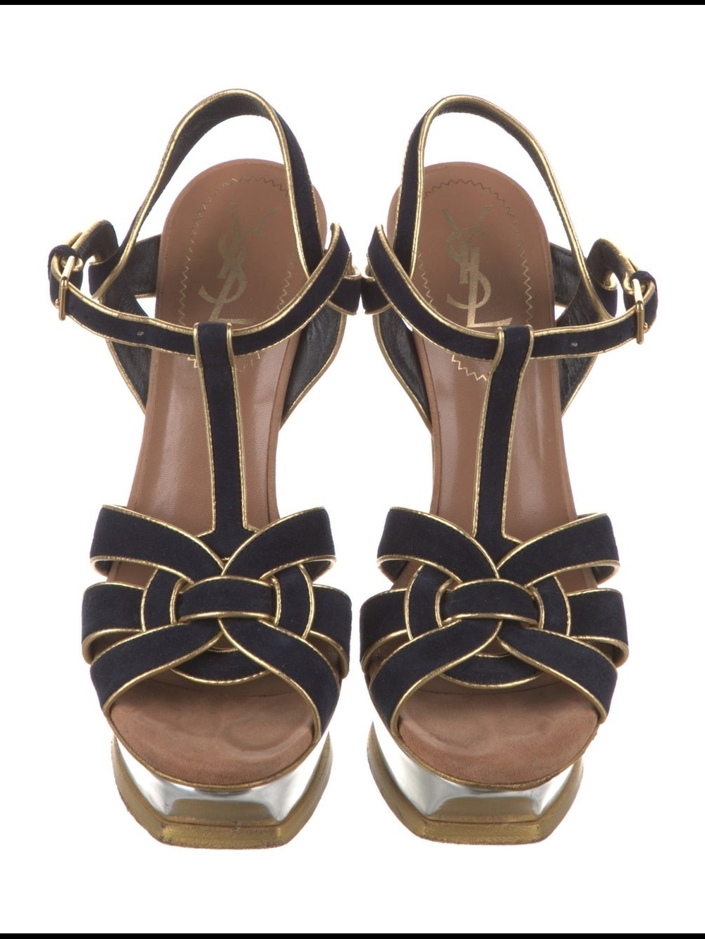 Saint Laurent Black and Gold Knotted T-Strap Platform Sandals